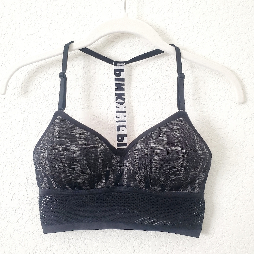 Victoria's Secret PINK Spellout Logo T-back Mesh Band Wireless Bra S Comfortable